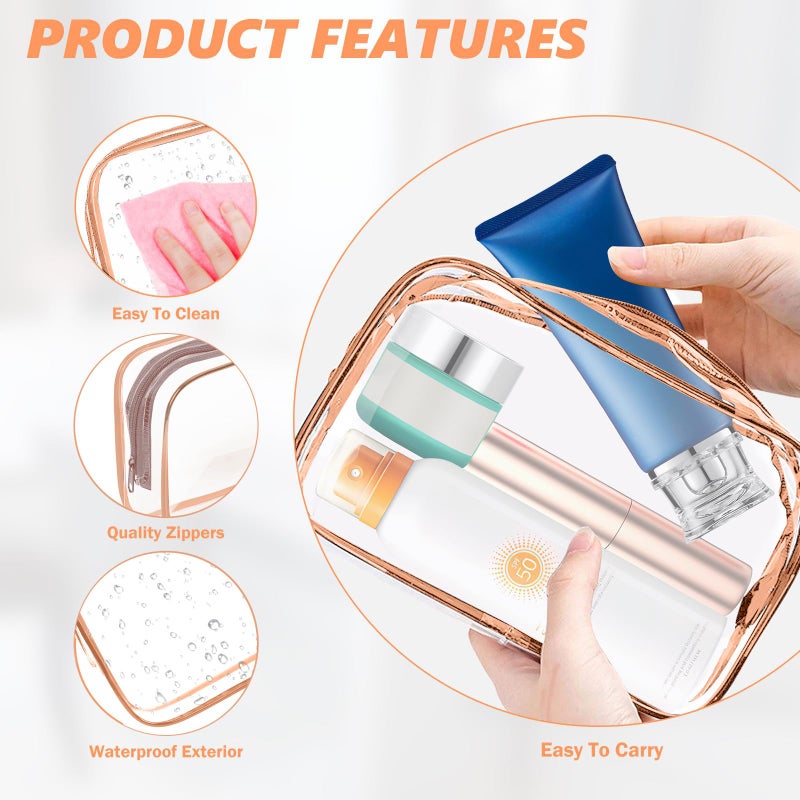 AURUZA 6 Pack Travel Toiletry Bag, Clear Makeup Bag, TSA Approved Cosmetic Bag with Zipper, Clear Organizer Carry on Bag for Women, PVC Cosmetic Pouch (Rose Pink, 6 Packs) - Image 3